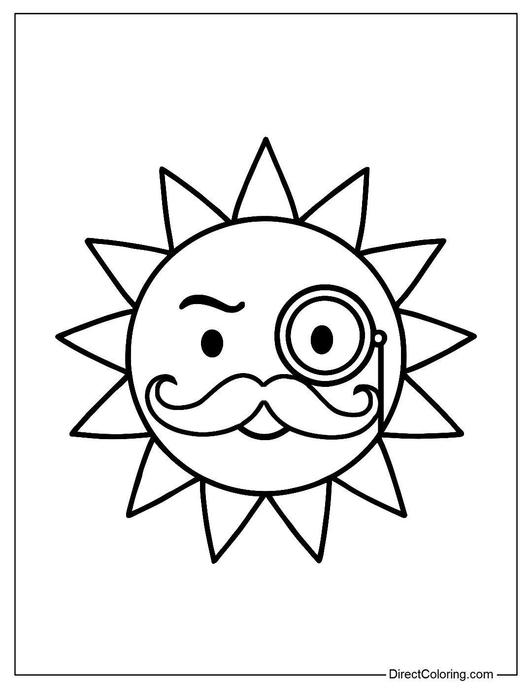 quirky Sun coloring page with a twirling mustache and a monocle, funny style